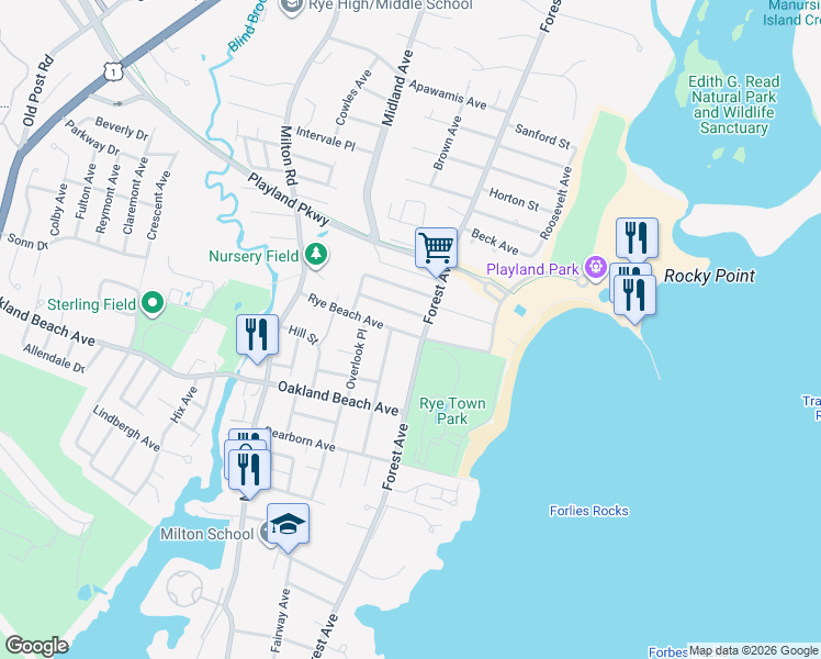 map of restaurants, bars, coffee shops, grocery stores, and more near 350 Rye Beach Avenue in Rye