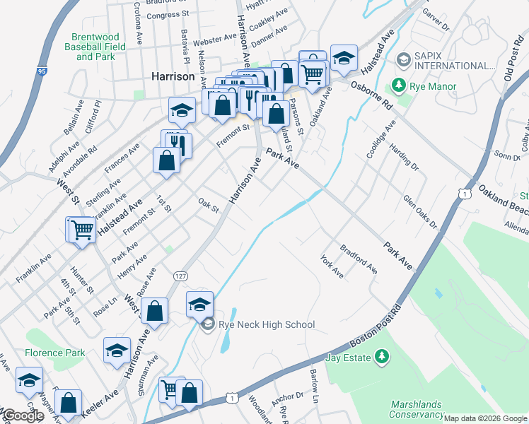 map of restaurants, bars, coffee shops, grocery stores, and more near 141 Oakland Avenue in Harrison