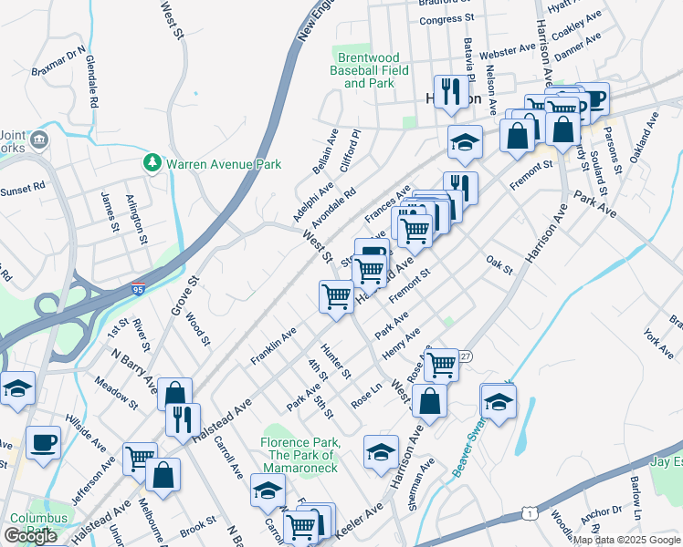 map of restaurants, bars, coffee shops, grocery stores, and more near 50 West Street in Harrison