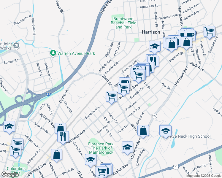 map of restaurants, bars, coffee shops, grocery stores, and more near 50 West Street in Harrison