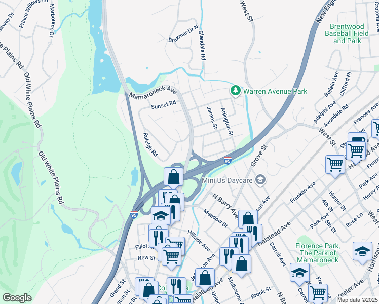 map of restaurants, bars, coffee shops, grocery stores, and more near 1210 Knickerbocker Avenue in Mamaroneck
