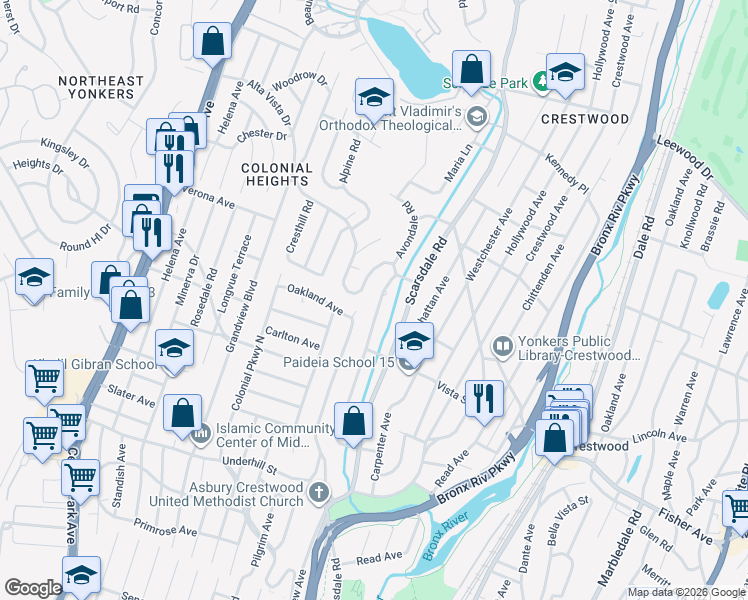 map of restaurants, bars, coffee shops, grocery stores, and more near 10 Avondale Road in Yonkers