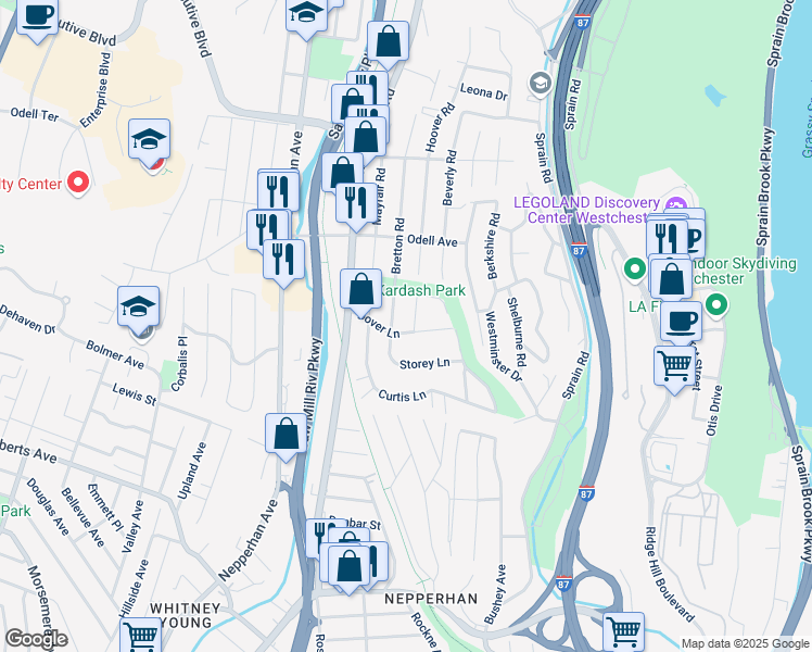 map of restaurants, bars, coffee shops, grocery stores, and more near 28 Dover Lane in Yonkers