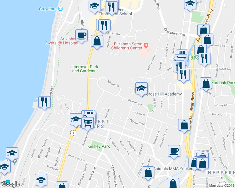 map of restaurants, bars, coffee shops, grocery stores, and more near 63 Bolmer Avenue in Yonkers