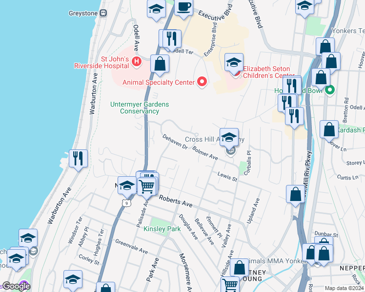map of restaurants, bars, coffee shops, grocery stores, and more near 24 Dehaven Drive in Yonkers