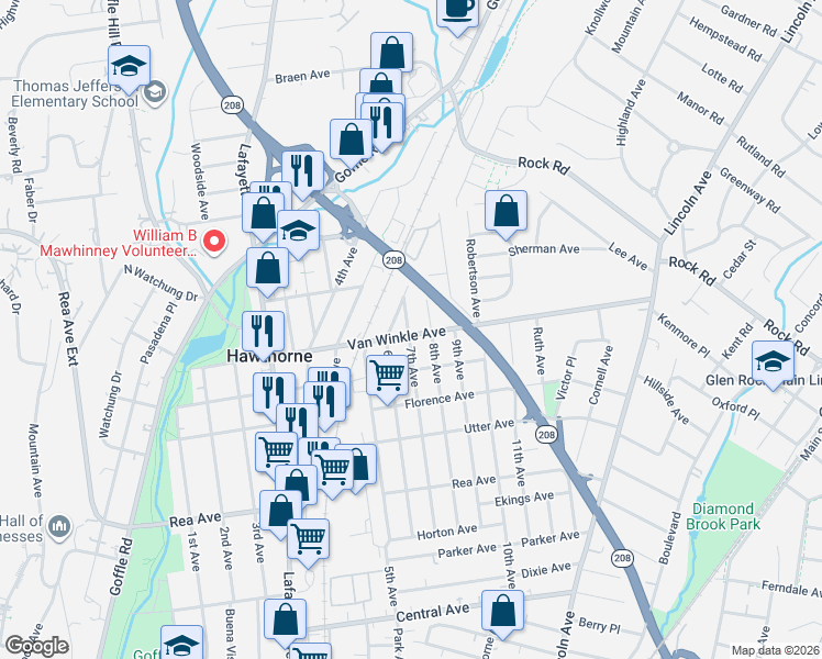 map of restaurants, bars, coffee shops, grocery stores, and more near 208 Van Winkle Avenue in Hawthorne