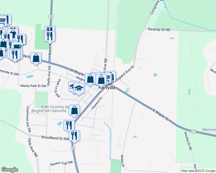 map of restaurants, bars, coffee shops, grocery stores, and more near in Hartville