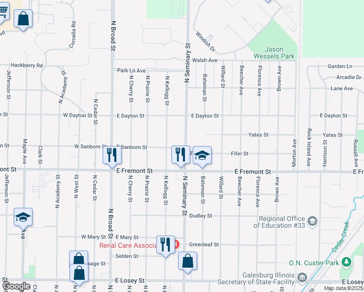 map of restaurants, bars, coffee shops, grocery stores, and more near 1300-1318 North Seminary Street in Galesburg