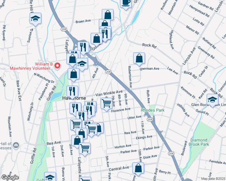 map of restaurants, bars, coffee shops, grocery stores, and more near 208 Van Winkle Avenue in Hawthorne