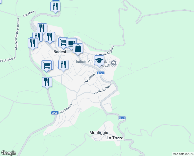 map of restaurants, bars, coffee shops, grocery stores, and more near 7 Via Li Casi D'Ignò in Badesi