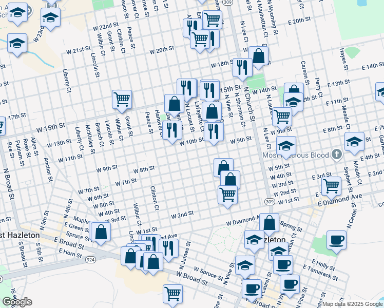 map of restaurants, bars, coffee shops, grocery stores, and more near 661 North James Street in Hazleton