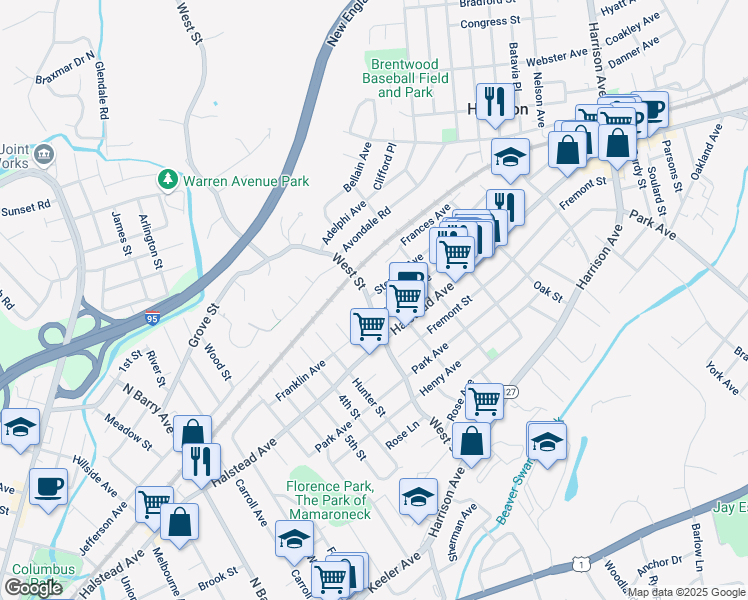 map of restaurants, bars, coffee shops, grocery stores, and more near 50 West Street in Harrison