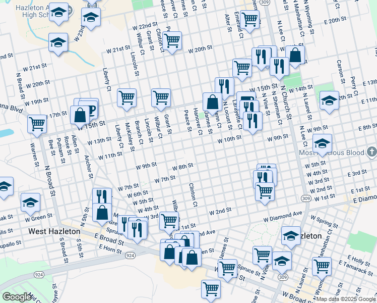 map of restaurants, bars, coffee shops, grocery stores, and more near 714 West 10th Street in Hazleton