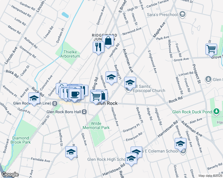 map of restaurants, bars, coffee shops, grocery stores, and more near 600 Maple Avenue in Glen Rock