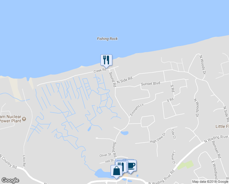 map of restaurants, bars, coffee shops, grocery stores, and more near 301 Sound Road in Wading River