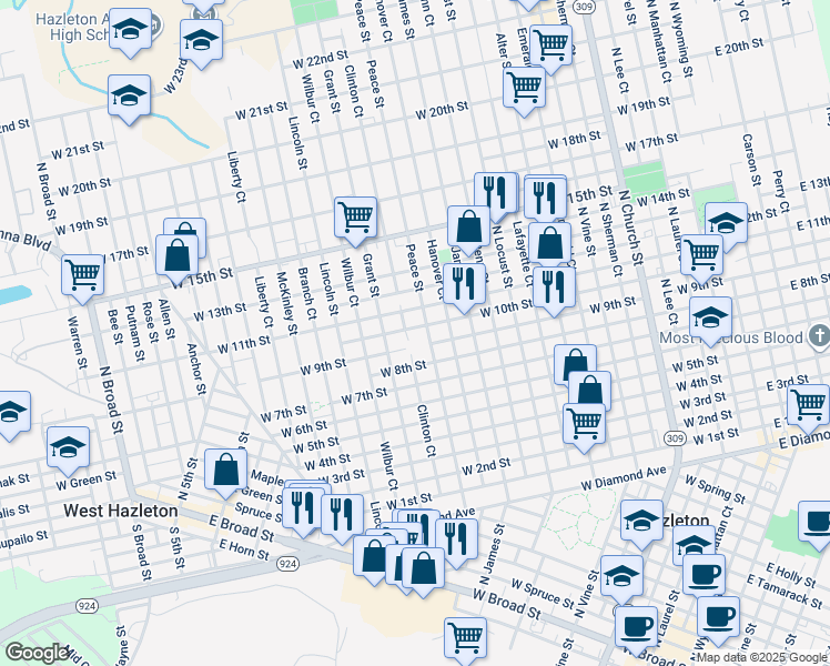 map of restaurants, bars, coffee shops, grocery stores, and more near 714 West 10th Street in Hazleton