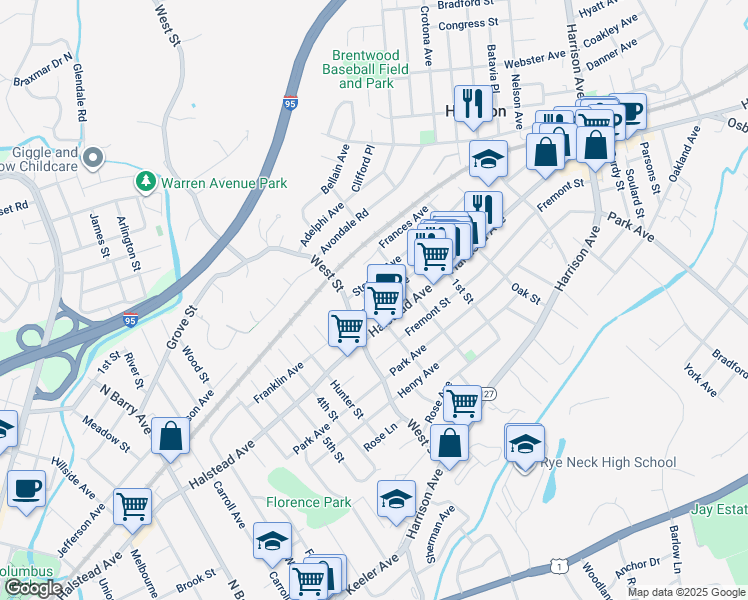 map of restaurants, bars, coffee shops, grocery stores, and more near 59 Franklin Avenue in Harrison