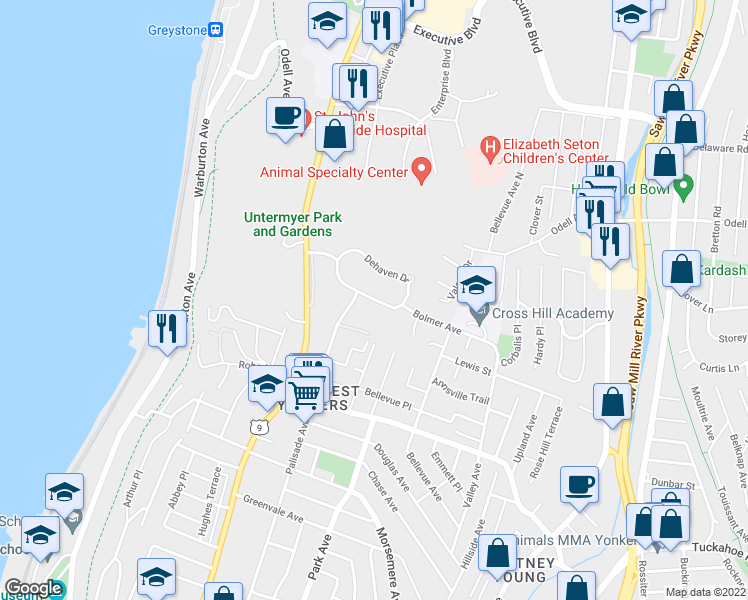map of restaurants, bars, coffee shops, grocery stores, and more near 24 Dehaven Drive in Yonkers