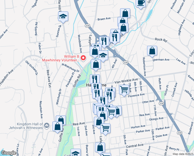 map of restaurants, bars, coffee shops, grocery stores, and more near 10 Alexandria Avenue in Hawthorne