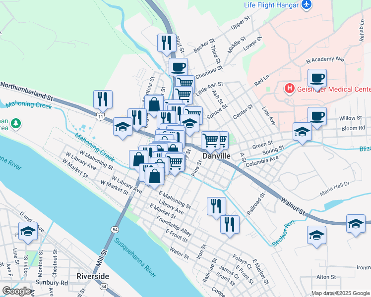 map of restaurants, bars, coffee shops, grocery stores, and more near 21 Lower Mulberry Street in Danville