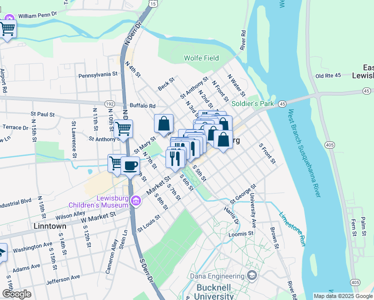 map of restaurants, bars, coffee shops, grocery stores, and more near 430 Market Street in Lewisburg