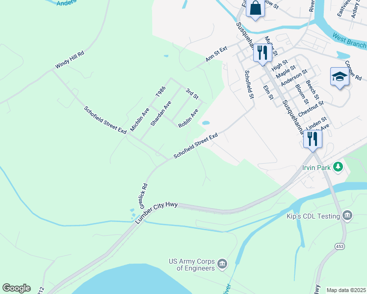 map of restaurants, bars, coffee shops, grocery stores, and more near 1223 Schofield Street Exd in Curwensville