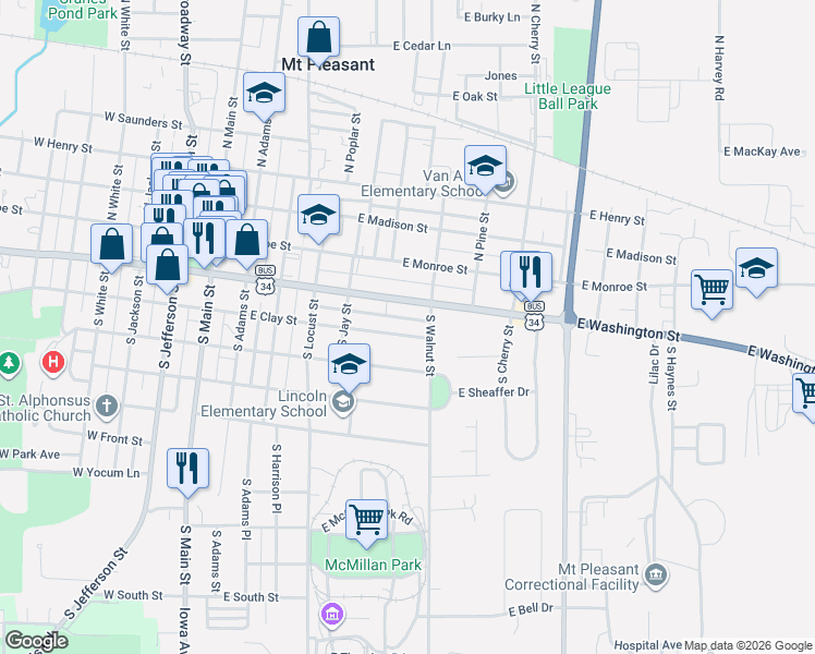 map of restaurants, bars, coffee shops, grocery stores, and more near 500-698 East Clay Street in Mount Pleasant