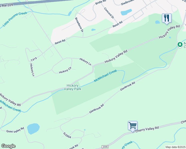 map of restaurants, bars, coffee shops, grocery stores, and more near 1303 Hickory Valley Road in Stroudsburg