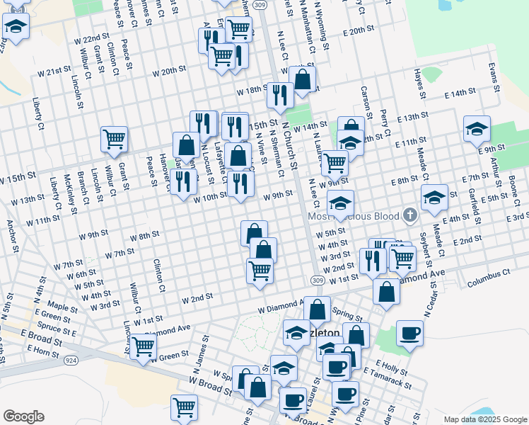 map of restaurants, bars, coffee shops, grocery stores, and more near 658 North Vine Street in Hazleton