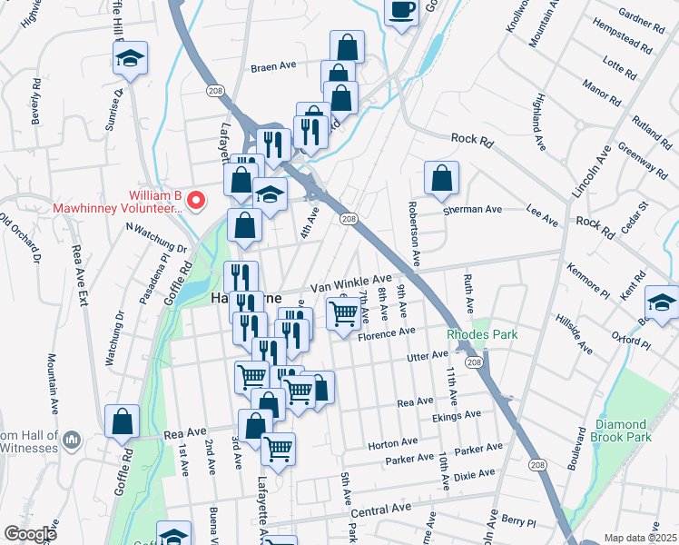 map of restaurants, bars, coffee shops, grocery stores, and more near in Hawthorne