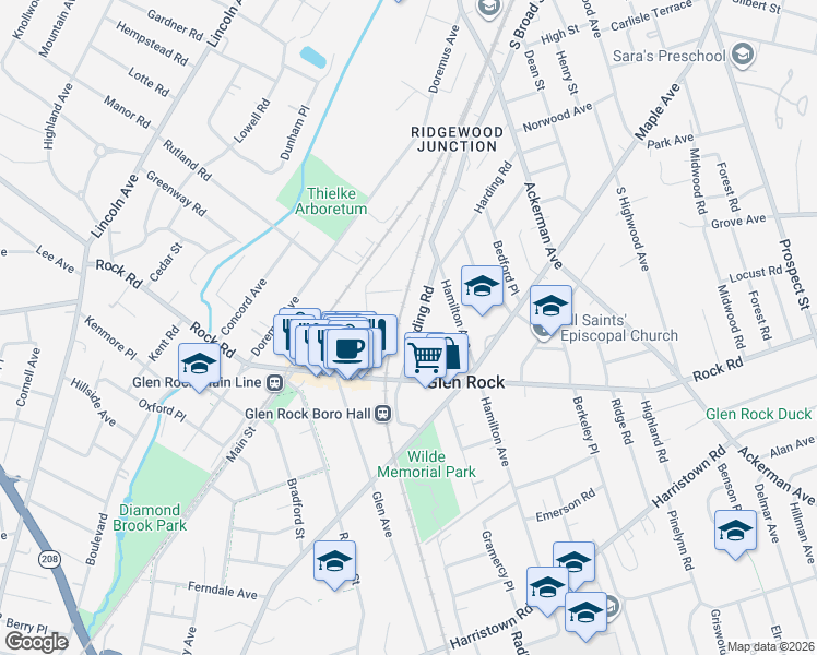 map of restaurants, bars, coffee shops, grocery stores, and more near 192 Harding Road in Glen Rock