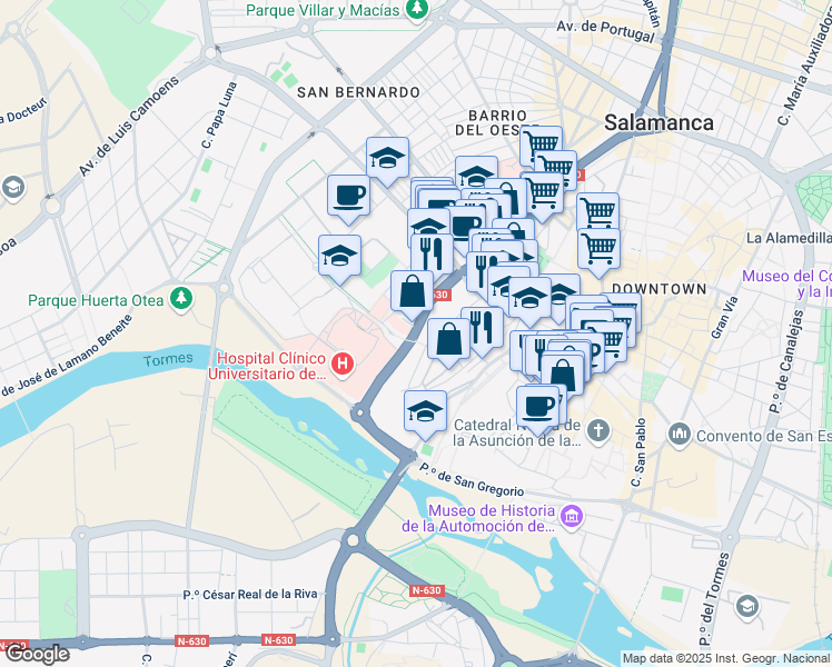 map of restaurants, bars, coffee shops, grocery stores, and more near Paseo de San Vicente in Salamanca
