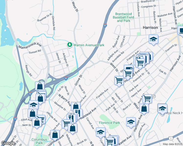 map of restaurants, bars, coffee shops, grocery stores, and more near 9 Sunny Hill Drive in Harrison