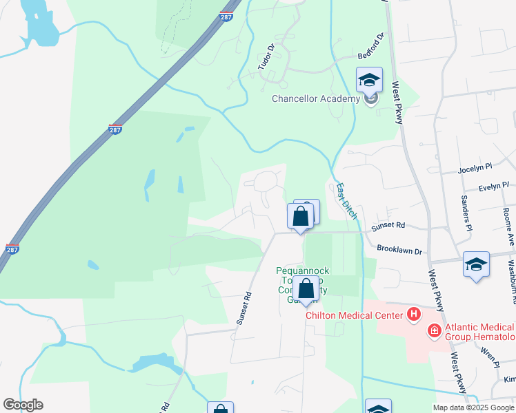 map of restaurants, bars, coffee shops, grocery stores, and more near 1 West Sunset Road in Pequannock Township