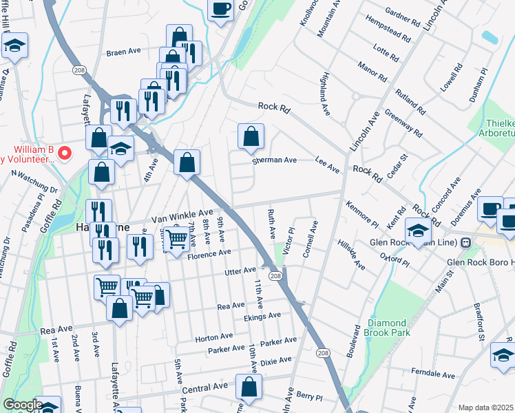 map of restaurants, bars, coffee shops, grocery stores, and more near 193 11th Avenue in Hawthorne