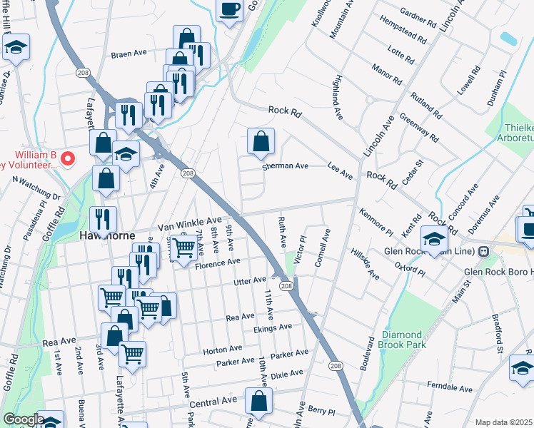 map of restaurants, bars, coffee shops, grocery stores, and more near 193 11th Avenue in Hawthorne