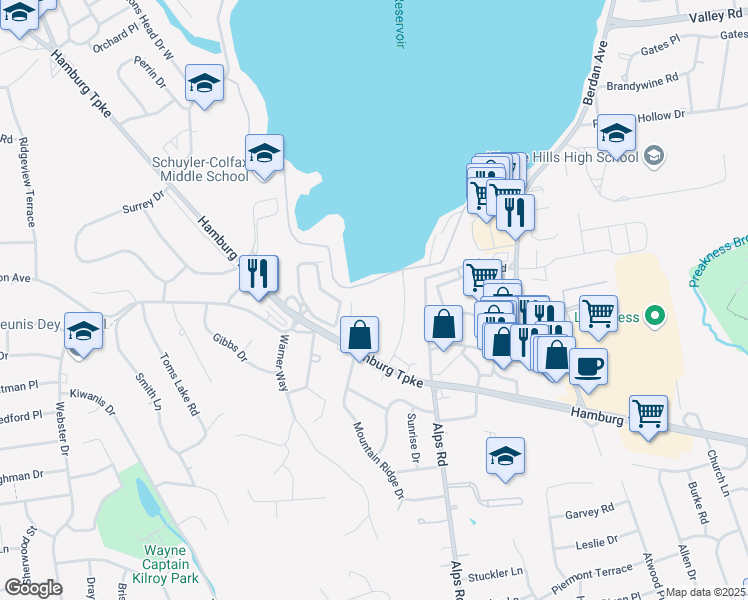 map of restaurants, bars, coffee shops, grocery stores, and more near 1360 Hamburg Turnpike in Wayne