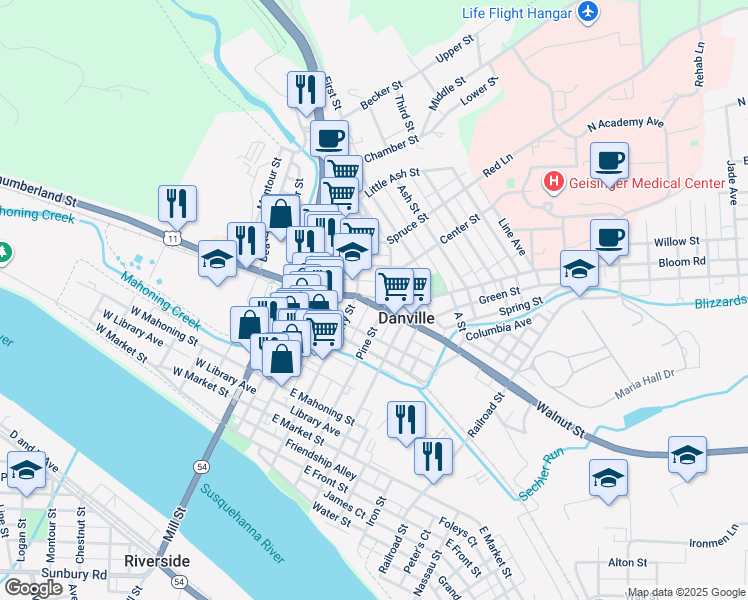 map of restaurants, bars, coffee shops, grocery stores, and more near 649 Pine Street in Danville