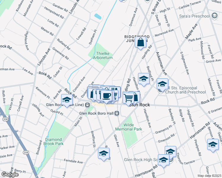 map of restaurants, bars, coffee shops, grocery stores, and more near 90 Valley Road in Glen Rock