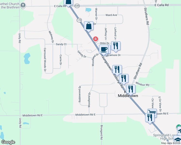 map of restaurants, bars, coffee shops, grocery stores, and more near 63 Woodland Drive in New Middletown