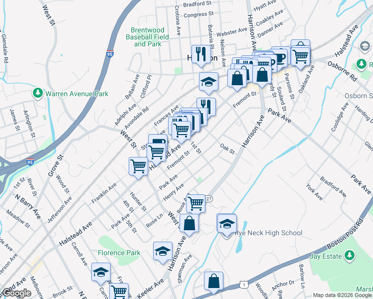 map of restaurants, bars, coffee shops, grocery stores, and more near 79 Fremont Street in Harrison