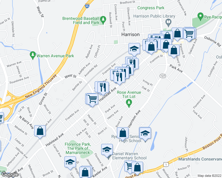map of restaurants, bars, coffee shops, grocery stores, and more near 92 Halstead Avenue in Harrison