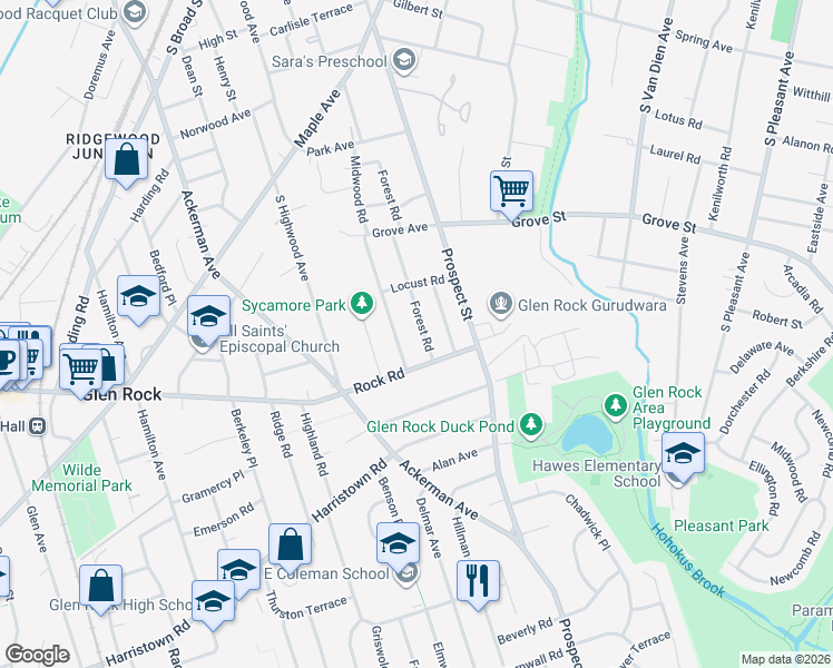 map of restaurants, bars, coffee shops, grocery stores, and more near 179 Midwood Road in Glen Rock