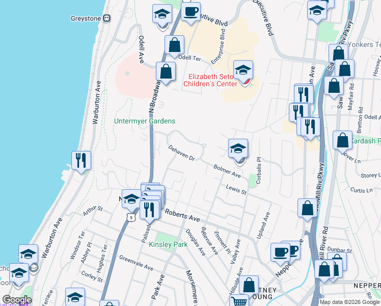 map of restaurants, bars, coffee shops, grocery stores, and more near 115 Dehaven Drive in Yonkers