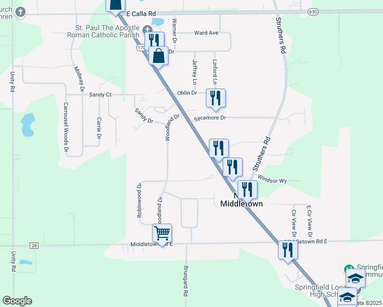 map of restaurants, bars, coffee shops, grocery stores, and more near 10580 Main Street in New Middletown