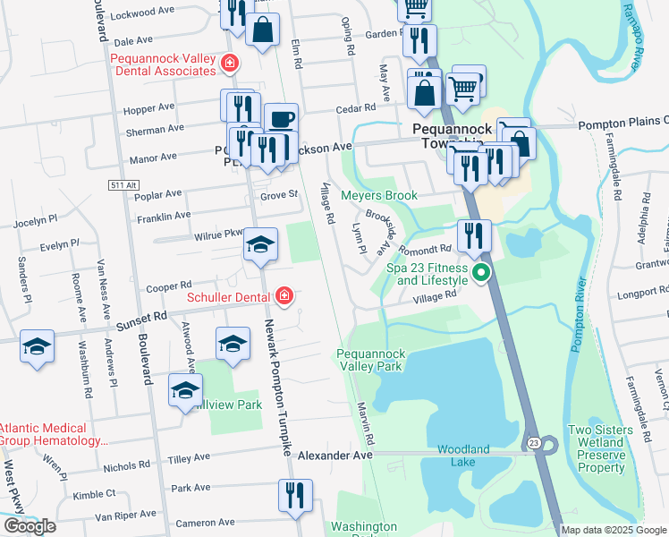 map of restaurants, bars, coffee shops, grocery stores, and more near 44 Village Road in Pequannock Township