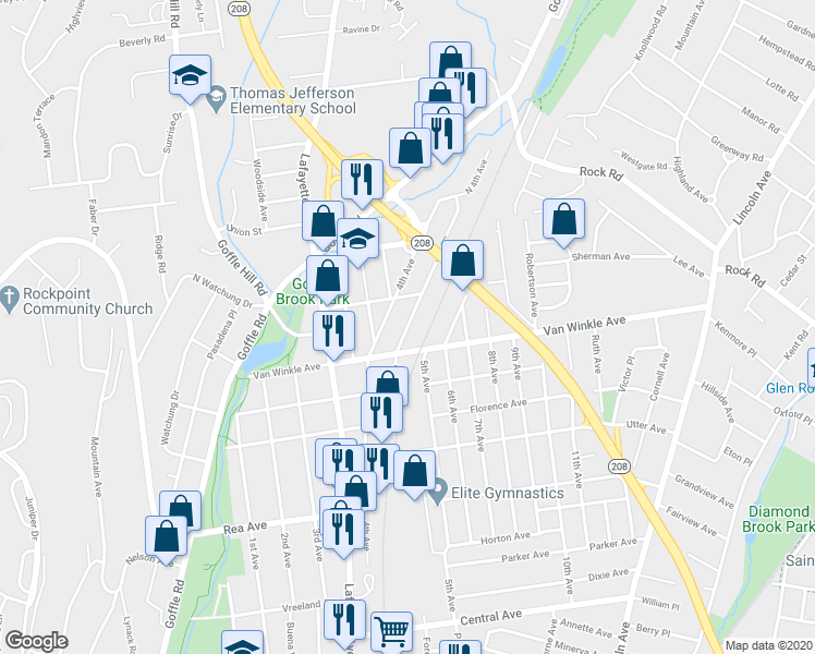 map of restaurants, bars, coffee shops, grocery stores, and more near 89 Ethel Avenue in Hawthorne