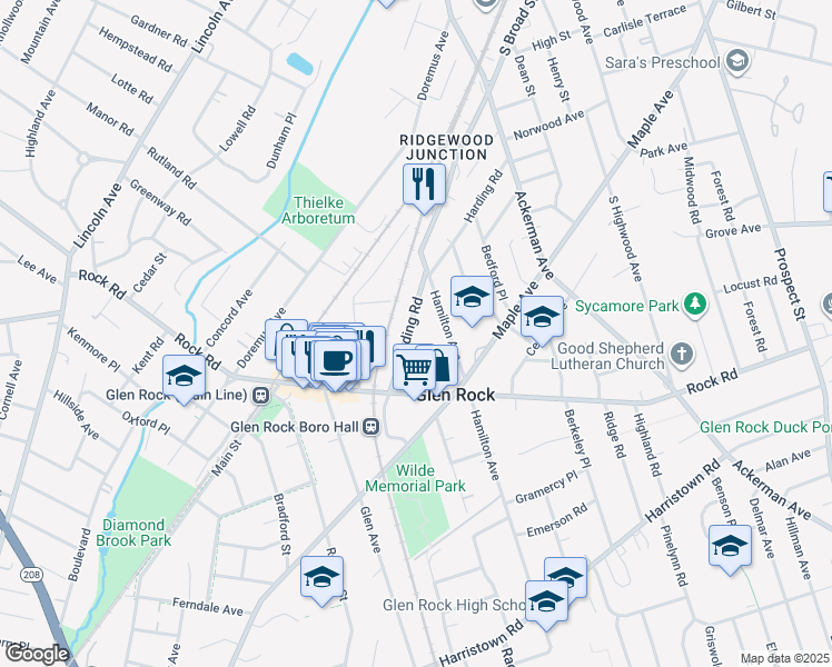map of restaurants, bars, coffee shops, grocery stores, and more near 165 Harding Road in Glen Rock