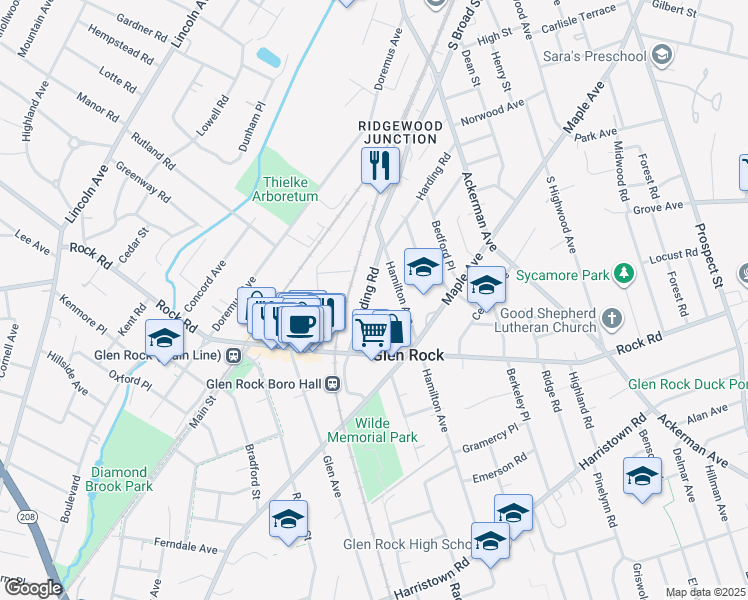 map of restaurants, bars, coffee shops, grocery stores, and more near 165 Harding Road in Glen Rock