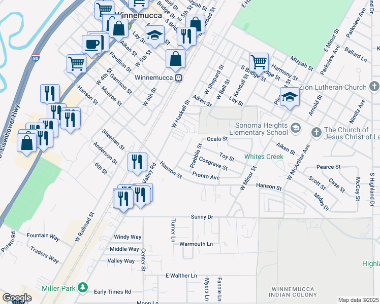 map of restaurants, bars, coffee shops, grocery stores, and more near 655 Weso Street in Winnemucca
